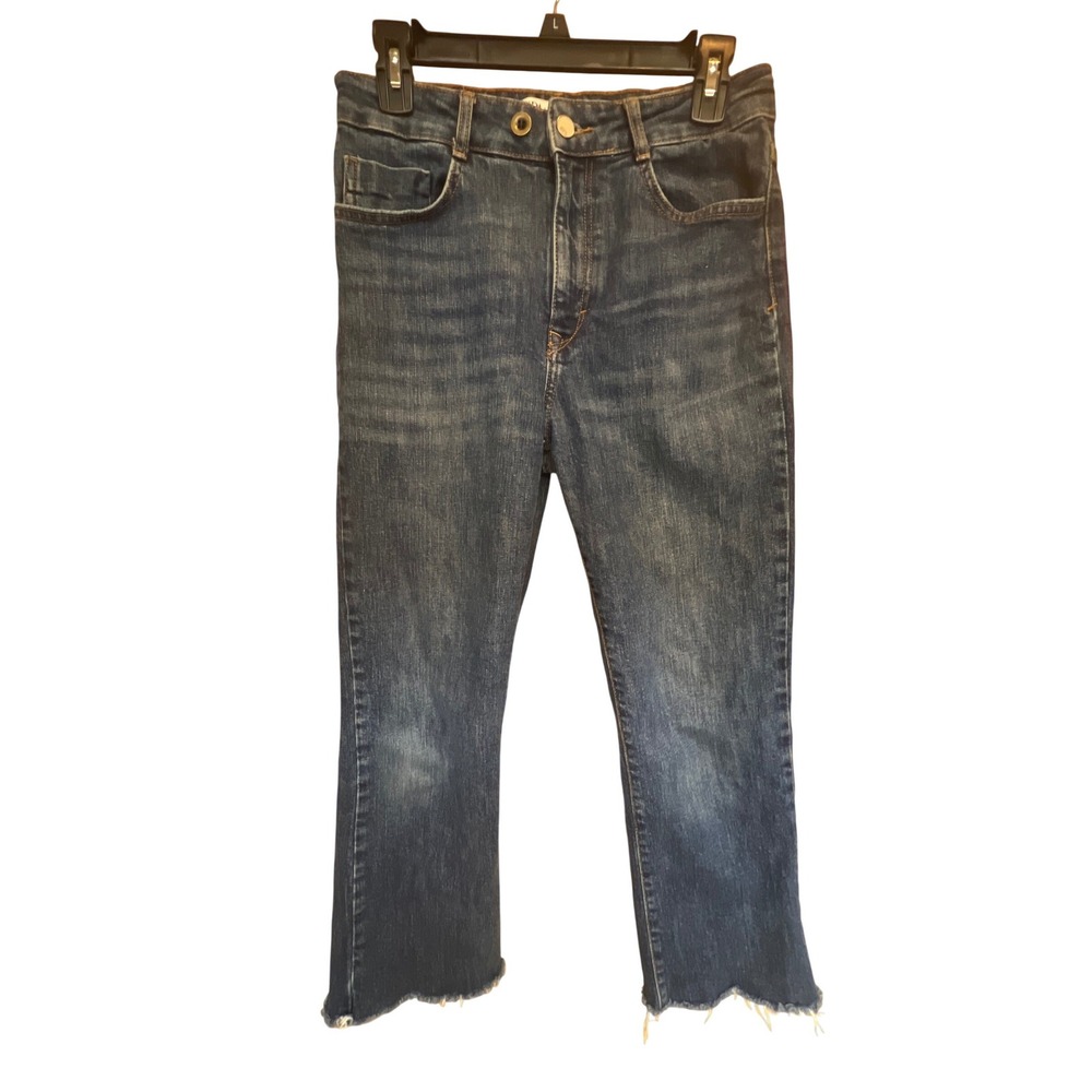 Zara Womens High Rise‎ Straight Leg Jeans Dark Wash Frayed Hem Size 8 EUR 40